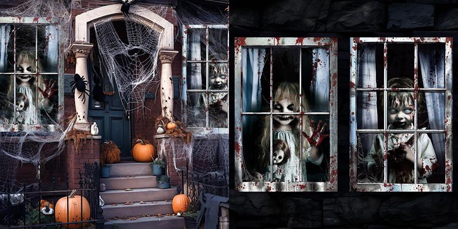 2/3 Pcs Halloween Window Cover Decoration, Bloody Creepy Clown Scene Curtains for Haunted House, Reusable Fabric Horror Decorations for Indoor Outdoor Party, 31 x 47 Inches