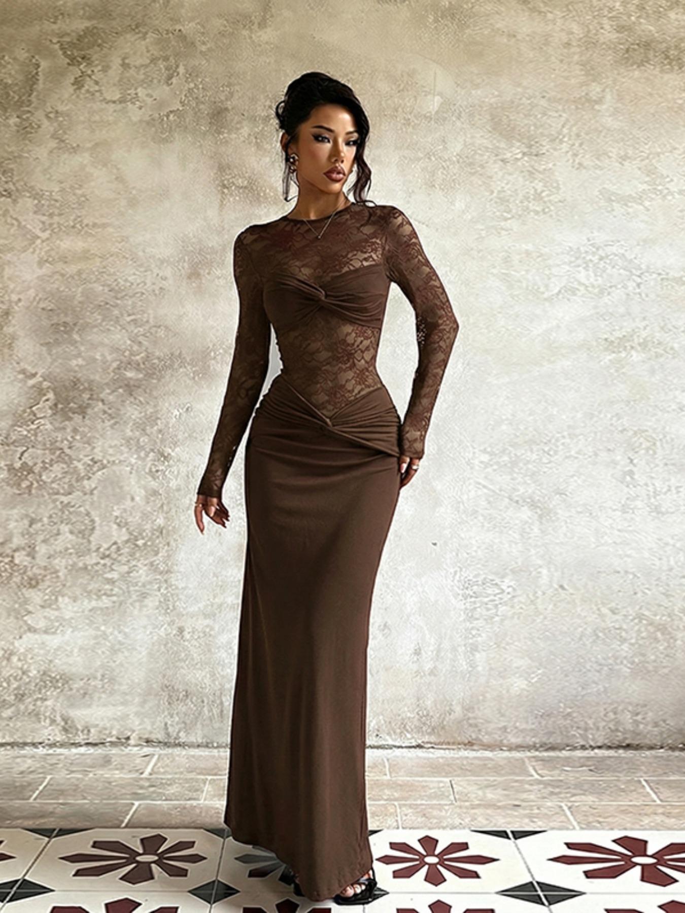 Women's Fall Winter New Long Sleeve Lace Dress, Elegant Fashion Design, Perfect for Casual & Formal Occasions, Stylish Women's Clothing