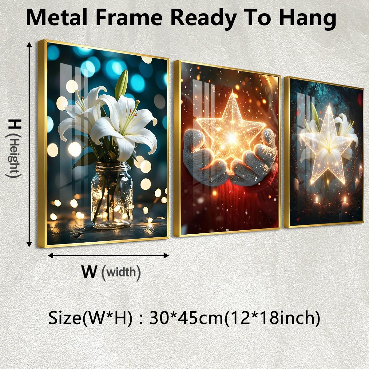 3 Counts Aluminum Alloy Framed Painting, White Lily And Glowing Star Art Pictures, Home Decoration For Living Room, Bedroom, Office, Restaurant, Hallway Wall Decor, Odorless Print Artwork, Luxury Perfect Gift For Friends And Family