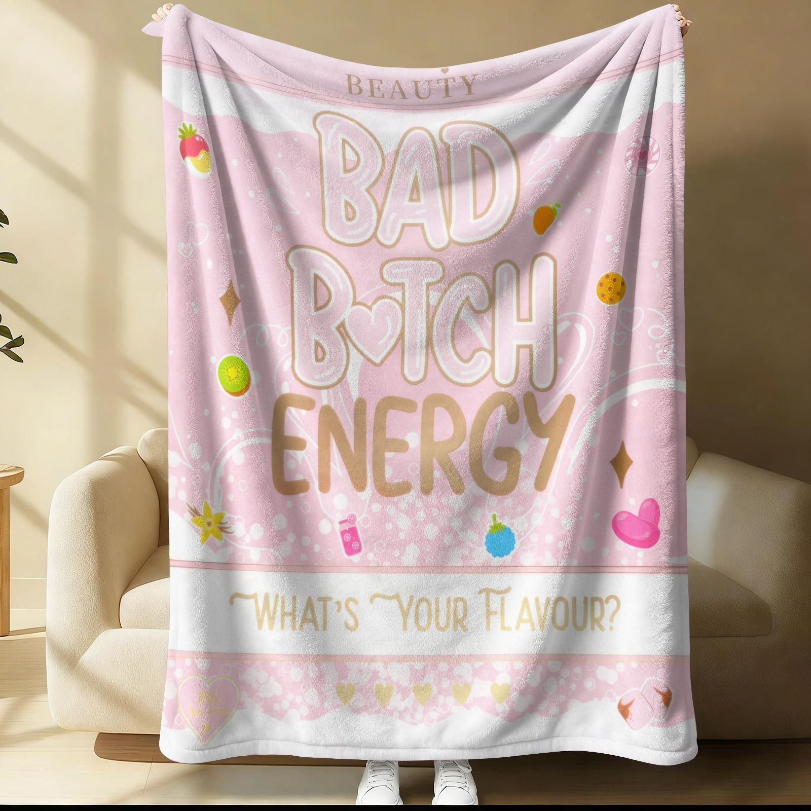 Bad Bitch Energy Flannel Blanket, Y2K Coquette Funny Slogan Cherry Popsicle Throw Blanket, Ultra Soft Warm Blanket for Teen Girls Women, Cute Girly Aesthetic Gift Blanket, Cozy for Couch Bed Sofa Bedroom Dorm