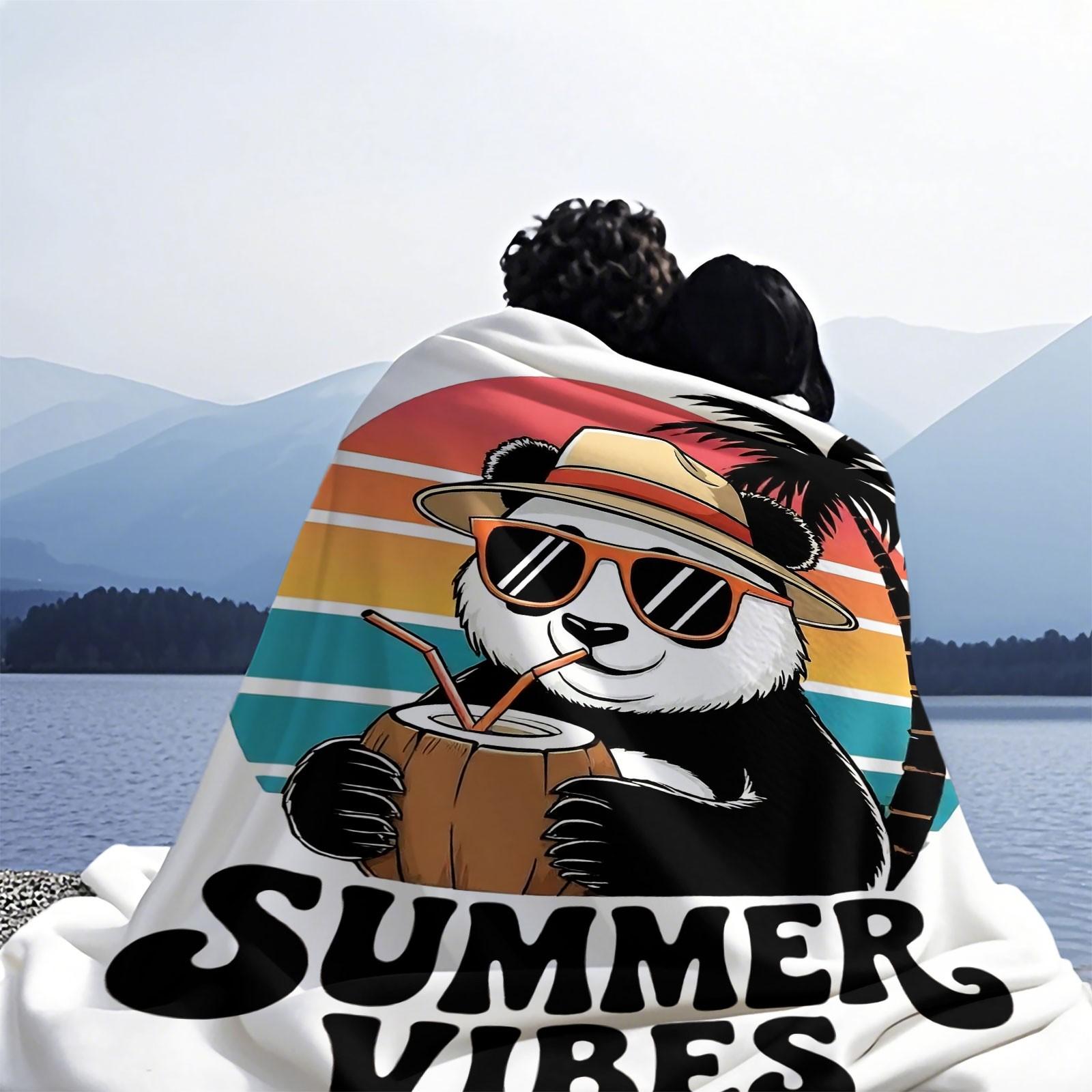 Summer Vibes Panda Flannel Blanket, Cute Tropical Palm Tree Print Throw Blanket, Ultra Soft Warm Blanket, Fun Beach Themed Gift Blanket for Kids, Teens & Panda Lovers