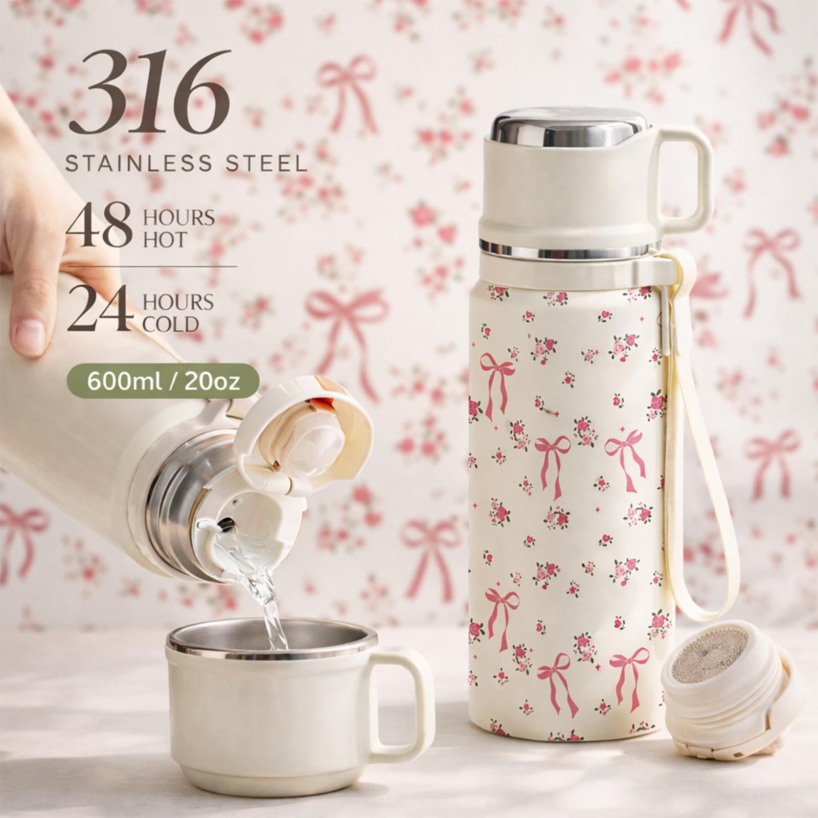 1 Pc Thermal Mug, 600ml Vacuum Cup, Double Wall Insulated Mug, Leak Proof Skinny Tumbler With Handle And Strap, 48 Hours Hot 24 Hours Cold, Portable Travel Mug For Coffee Tea, Gift For Women Men Holiday Daily Use