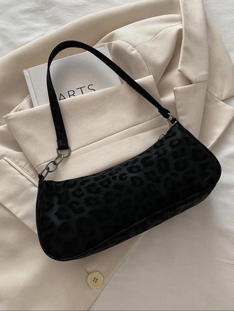 Women's Leopard Print Shoulder Bag, Vintage Dual Pocket Handbag with Zipper Closure, Fashionable and Versatile, Fashionable Patterned Bag, Perfect for Daily Use