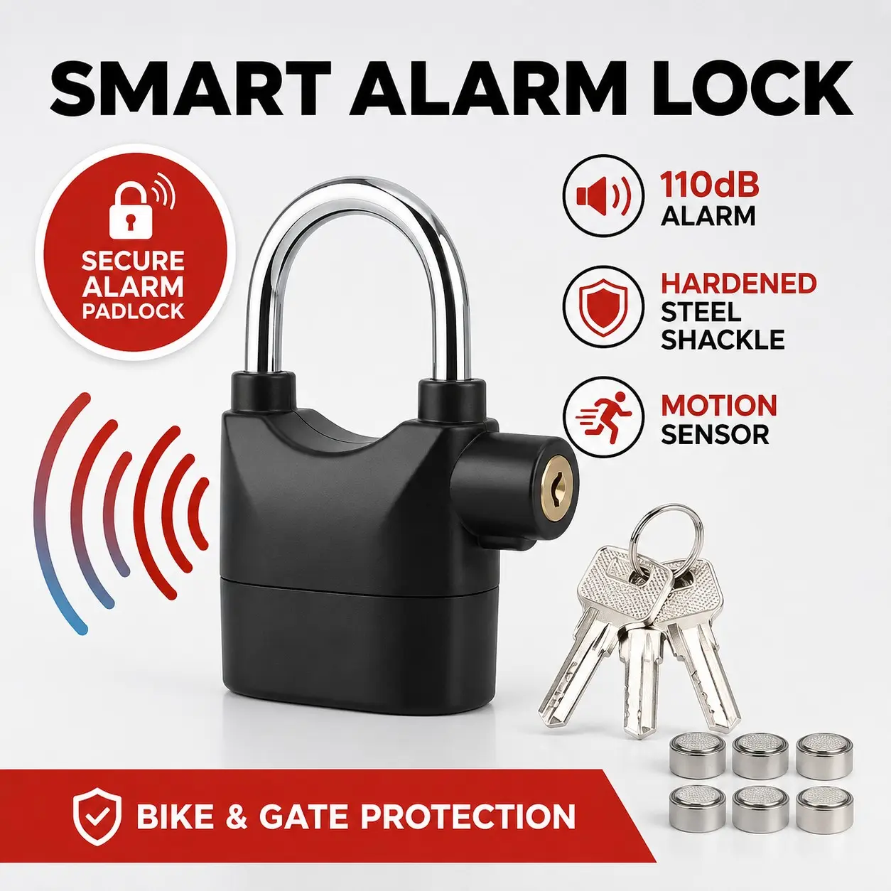 110dB Loud Alarm Hanging Padlock, High-Security Stainless Steel Outdoor Lock with 3 Keys, Heavy Duty Lock for Garages, Fences, Tool Boxes, Bikes and Scooters