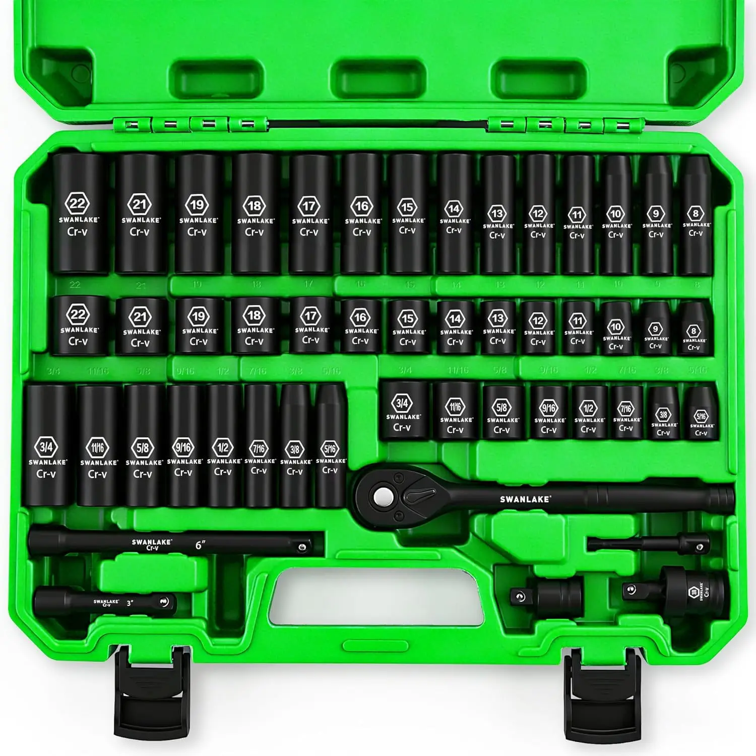 50-Piece 3/8'' Drive Cr-V Steel Impact Socket Set, 6-Point, SAE (5/16-3/4 in) & Metric (8-22mm) Sizes, 3/8-Inch Ratchet Handle, Extension Bar, Universal Joint
