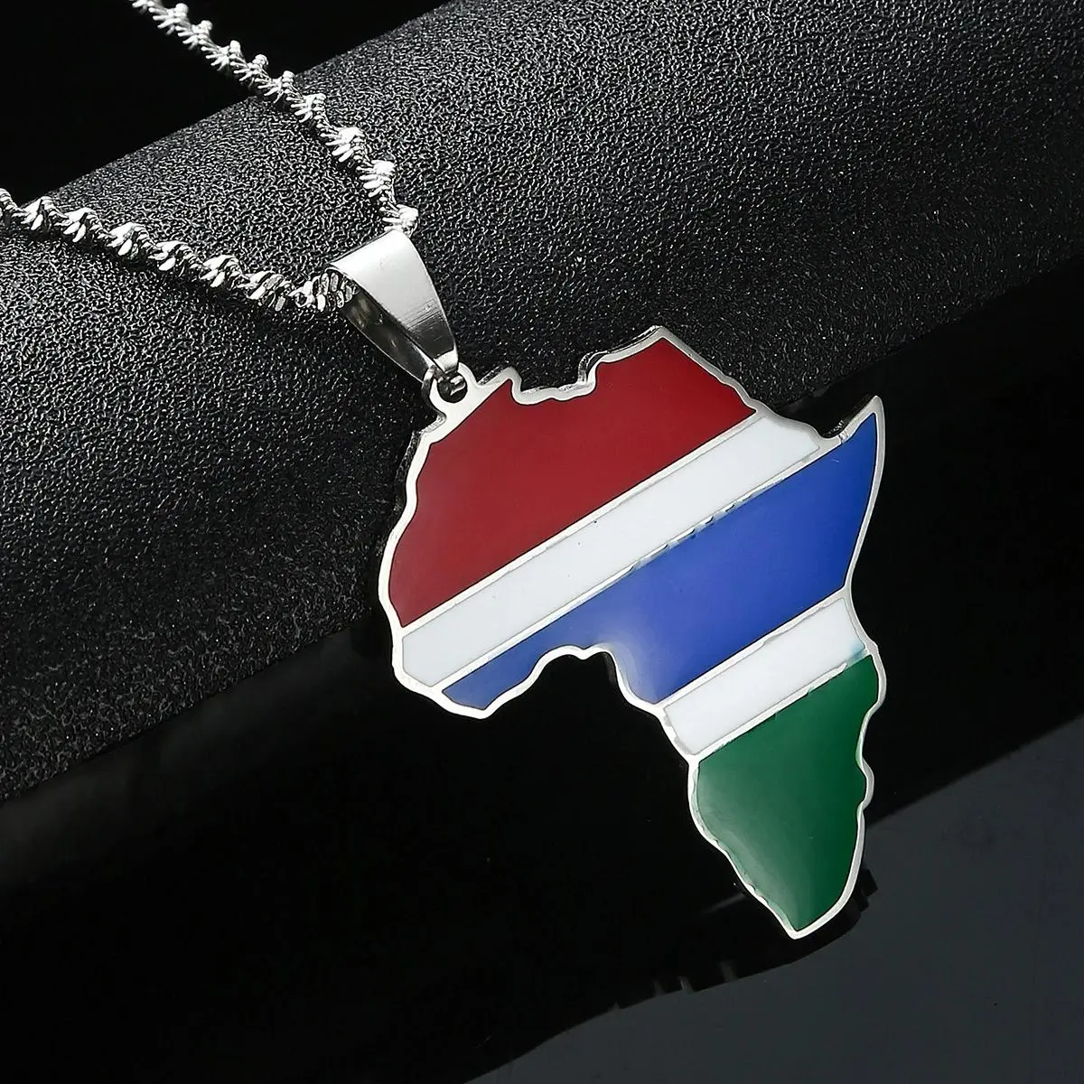 Unisex Silver Enamel Stainless Steel Africa Map Outline Gambia Flag Pendant Chain Jewelry Necklaces, Birthday Gift Ideas for Girlfriend