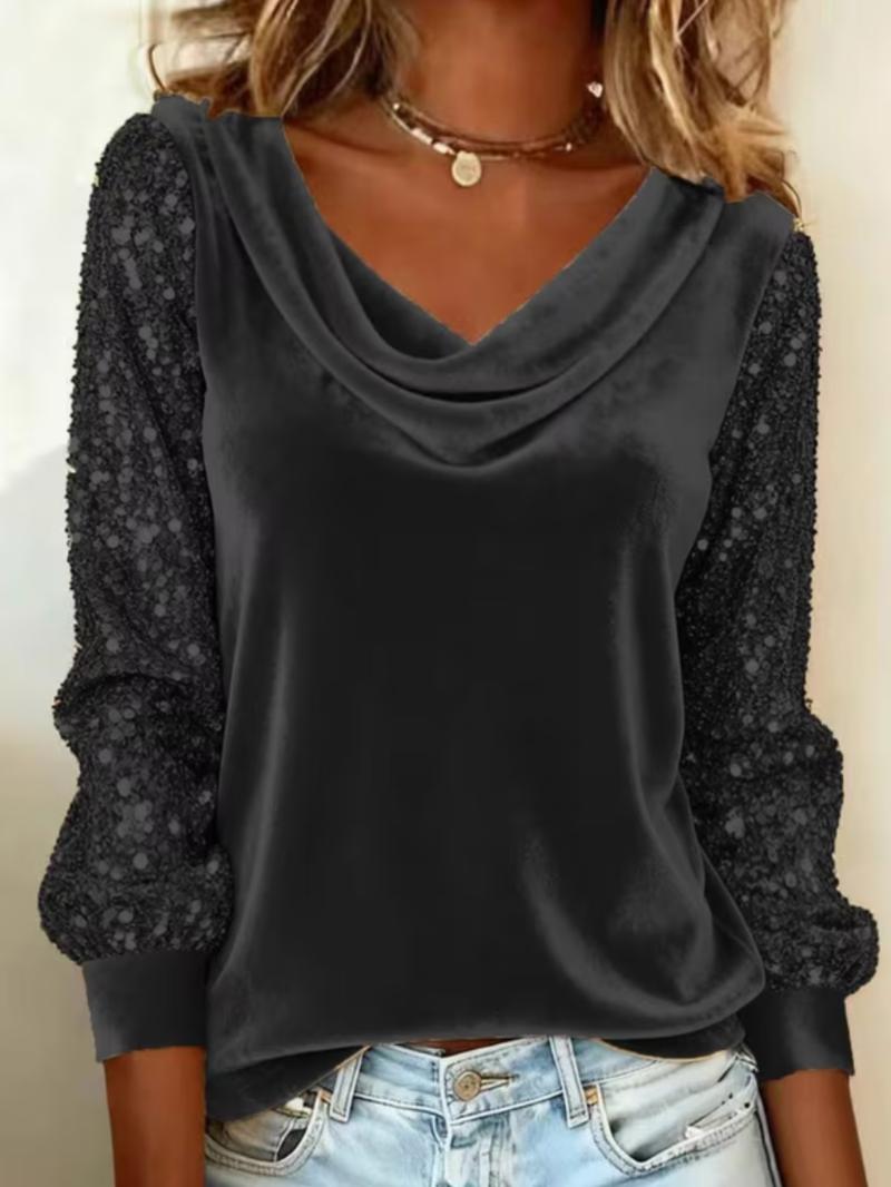 Women's Fashion Plus Size Velvet Puff Collar Long Sleeve T-Shirt, Sequin Patchwork Top, Casual Style, Comfortable Fit