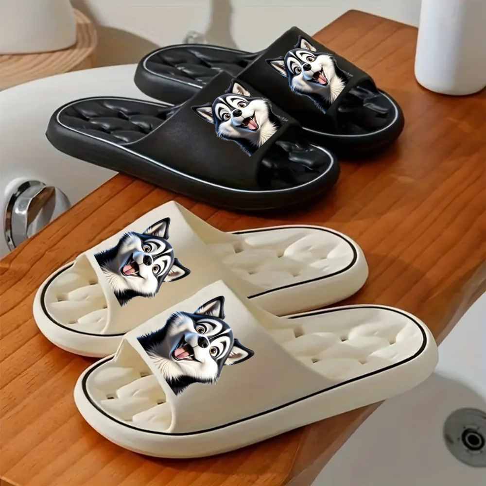 1pc EVA Cartoon Husky Slippers - Lightweight, Flexible, Easy to Clean, All-Season Indoor Slippers with Black & White Husky Design, Perfect for Home Use, Casual Slip-On Style, Indoor Footwear | Playful Design | Flexible EVA Sole