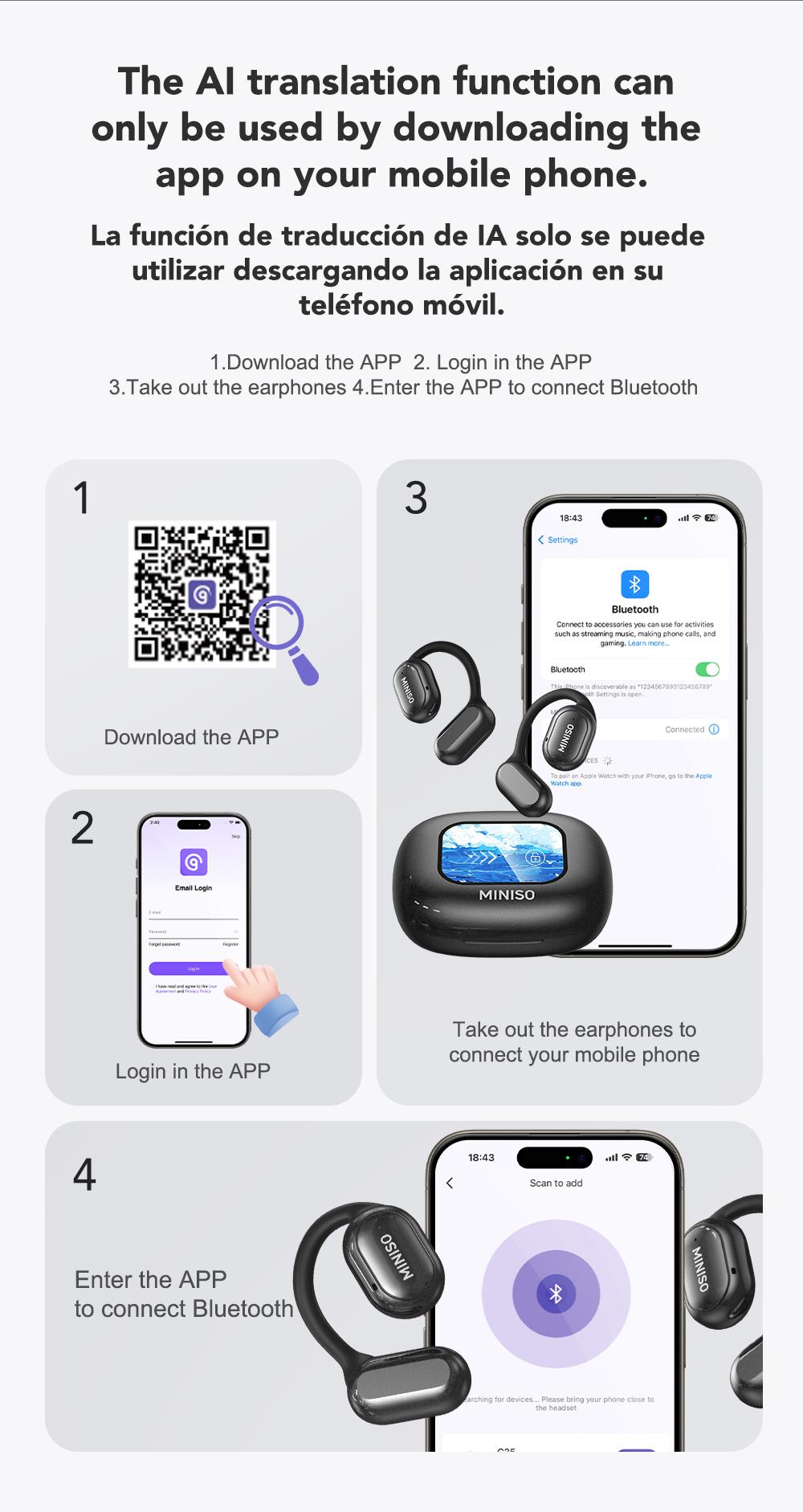 MINISO X30 AI translation earphones OWS Bluetooth earphones IPX5 waterproof 35 hours play time HIFI sound quality OWS earphones immersive high-quality sound effects long-distance connection earphones with charging box built-in microphone