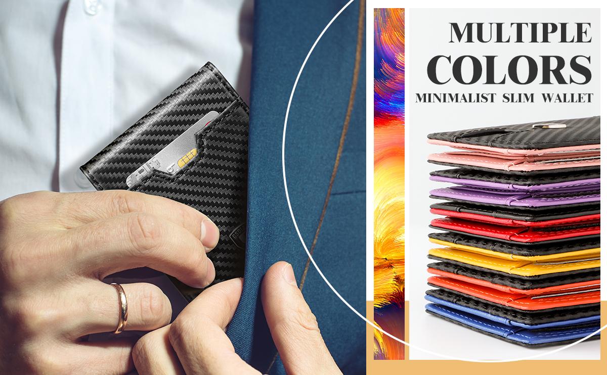 GSOIAX Mens Slim Wallet with Money Clip,RFID Blocking Minimalist Genuine Leather Carbon Fiber Wallet, 11 Card Slots Bifold Credit Card Holder With Gift Box