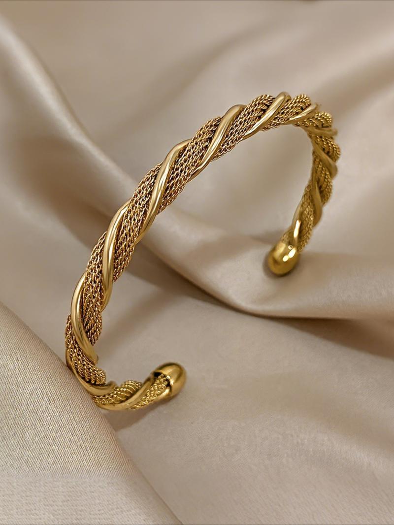 Stainless Steel Open Bangle Bracelet, Fashionable Simple Weave Design, Casual Women's Daily Commute Accessory, Versatile Hand Jewelry