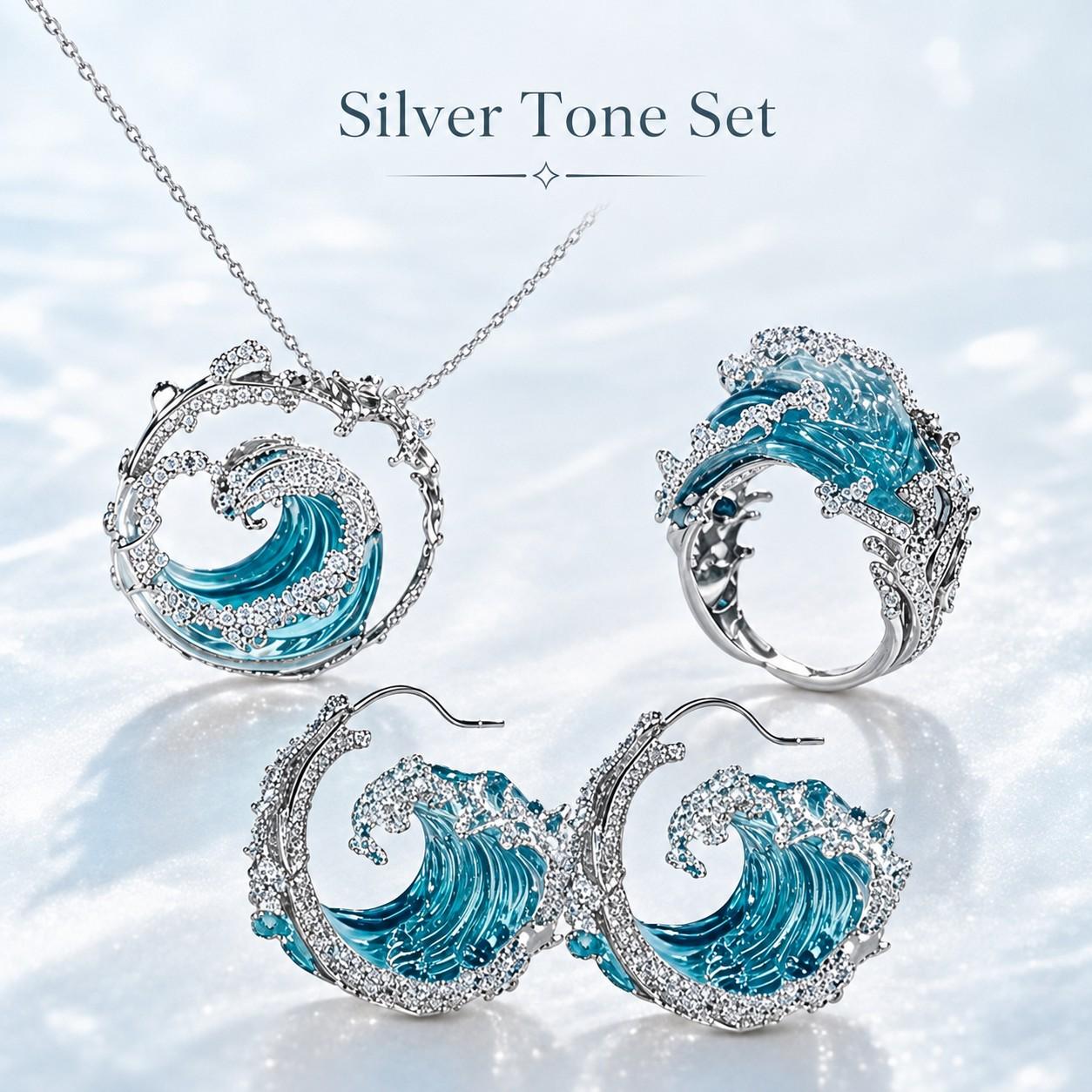 Women's 3-Piece Ocean Wave Coordinated Costume Jewelry Set - Gold or Silver Tone Necklace, Ring, Earrings - Translucent Beach Themed Female Wear Gift for Fashion Enthusiasts, Coordinated Set