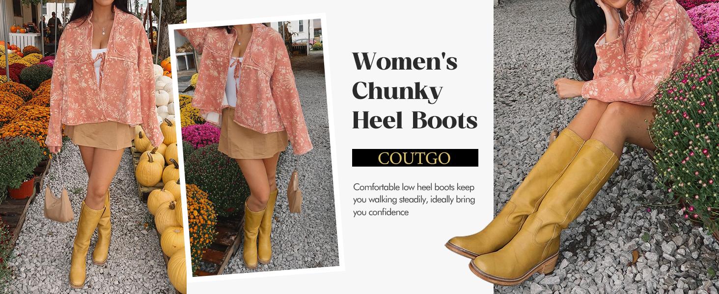 Coutgo Women's Knee High Boots Square Toe Chunky Block Heel Tall Boots Comfortable Low Heel Shoes