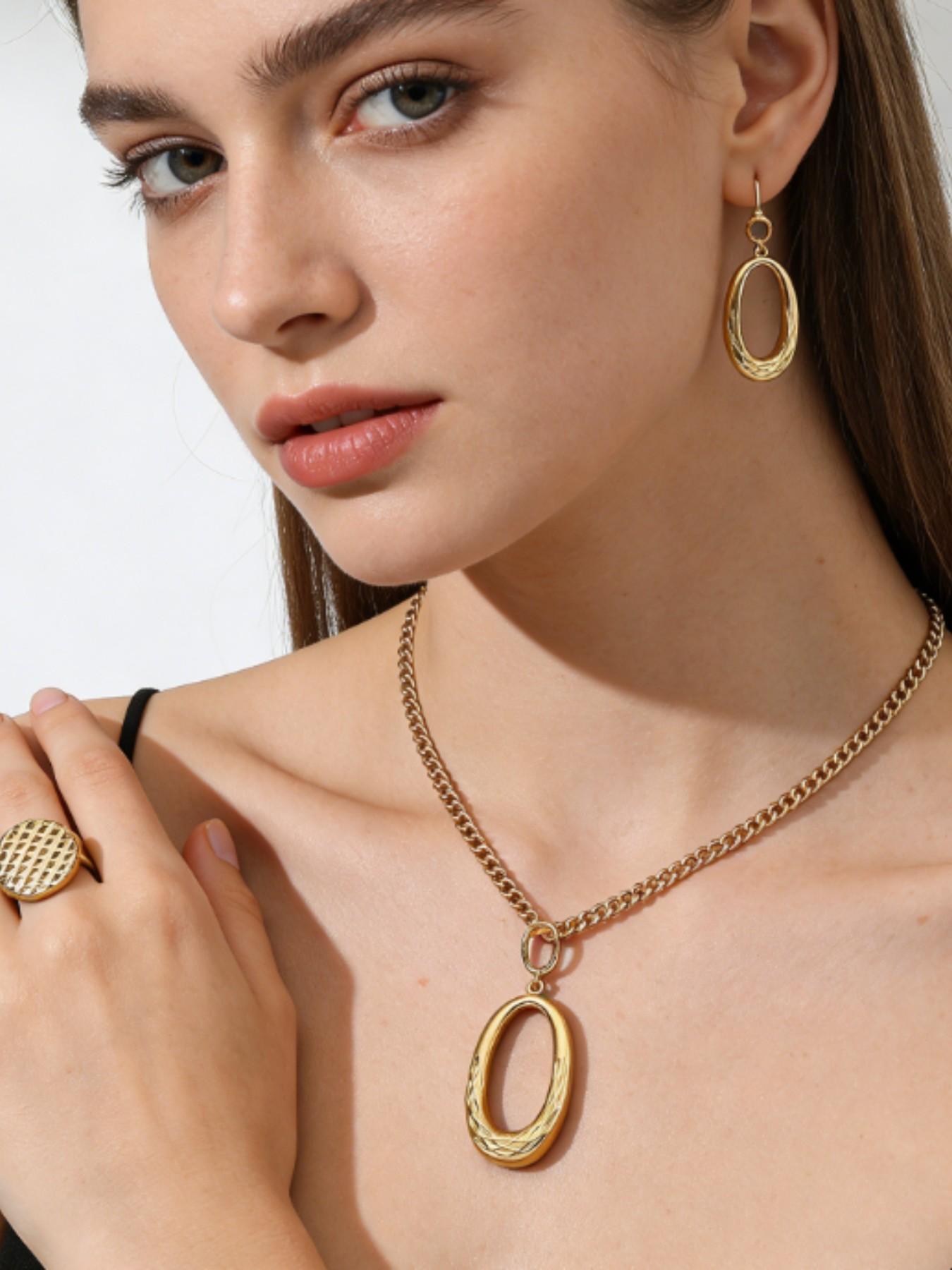 4 Piece Set Vintage Oval Geometric Jewelry, Necklace Earrings Ring, Elegant Party Wedding Accessories, All Seasons