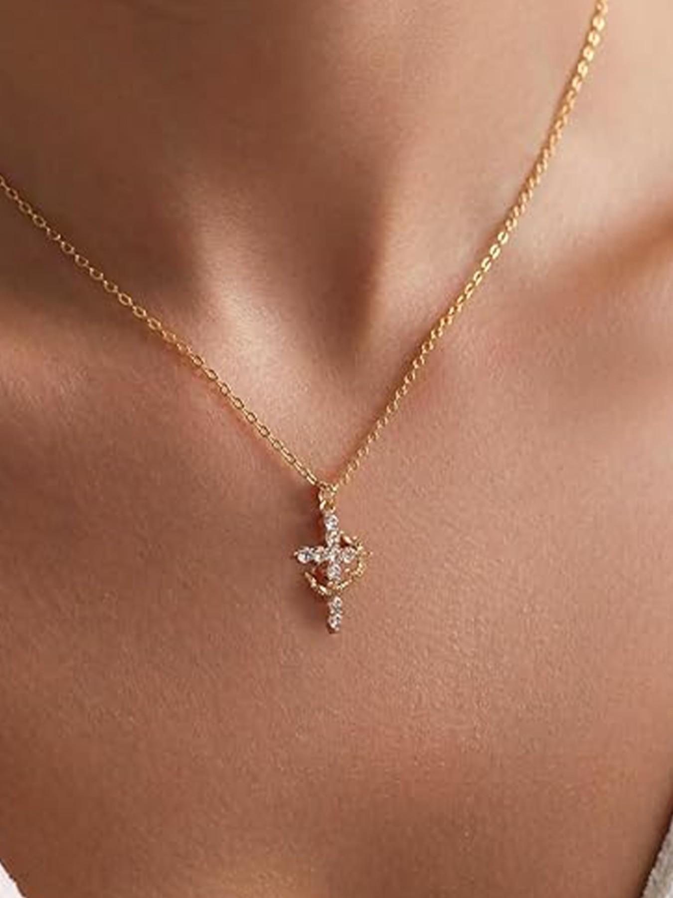 Women's Crown Cross Necklace, Christian Faith Jewelry Gift, Elegant Plain Design, Alloy Chain, All Seasons Wear, No Choking Hazard
