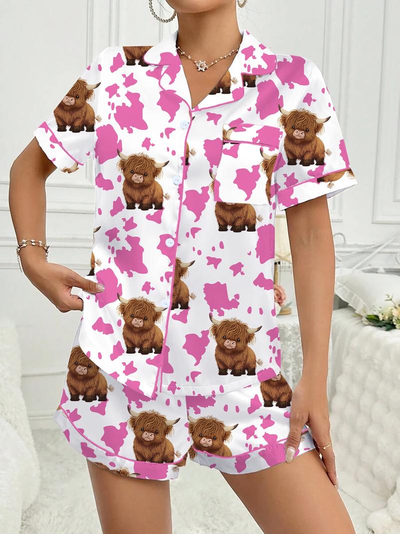 Valentine's Day Women's Sleepwear Set, Comfortable Cute Elastic Highland Cow Milk Cow Pattern Shirt and Pants Two-Piece Suit