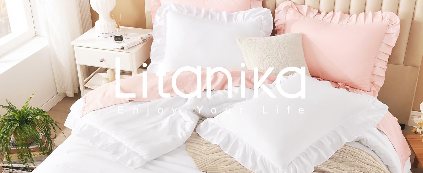 Litanika Ruffled Comforter Set 3pc - Farmhouse Aesthetic Bedding Full/Queen/King/Cal King | Soft Fluffy Microfiber