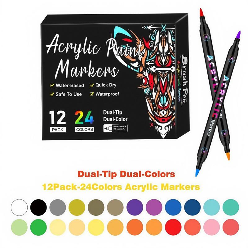 Acrylic Paint Markers Pens Set, Dual Tip Dual-Color Brush Tips Acrylic Paint Pens, Creative Coloring Markers, Acrylic Drawing Markers for Rocks, Wood, Canvas, Stone, Fabric, Plastic DIY Art Supplies Back to school