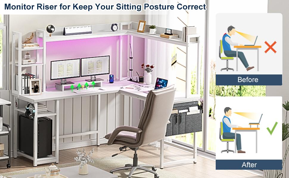 L Shaped Gaming Desk, Reversible Computer Desk with Power Outlet & LED Light L Shaped Gaming Desk, Reversible Computer Desk with Power Outlet & LED Light