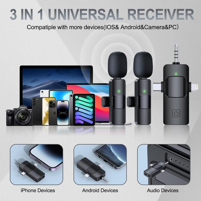 3-In-1 Wireless Lavalier Microphone for iPhone, Android, PC, USB-C, Noise Cancelling Lapel Mic for Interviews, Videos, Podcasts, Conferences, Wireless Mic Receiver