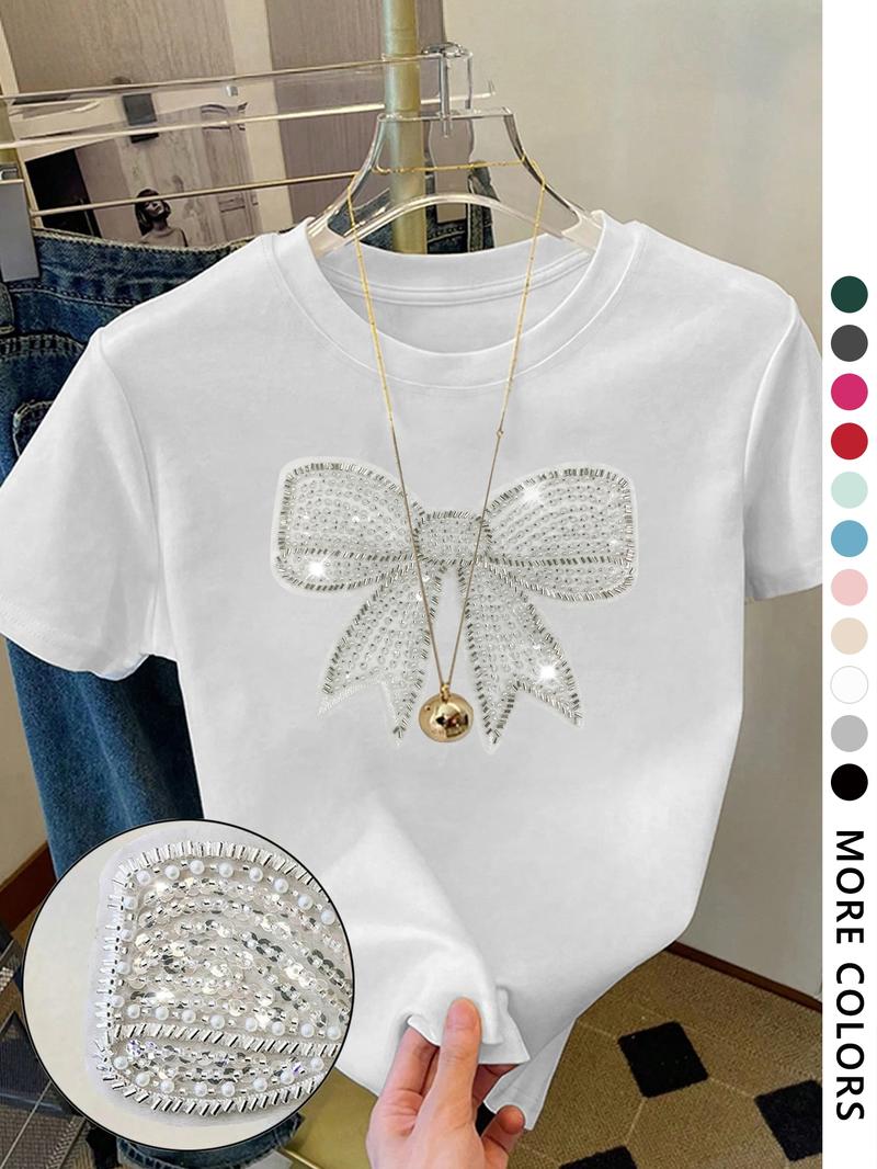 Women's Cartoon Bowknot Print Round Neck Tee, Fashion Casual Crew Neck Short Sleeve T-Shirt for Daily Holiday Vacation Outdoor Wear, Ladies Clothes for All Seasons, Top