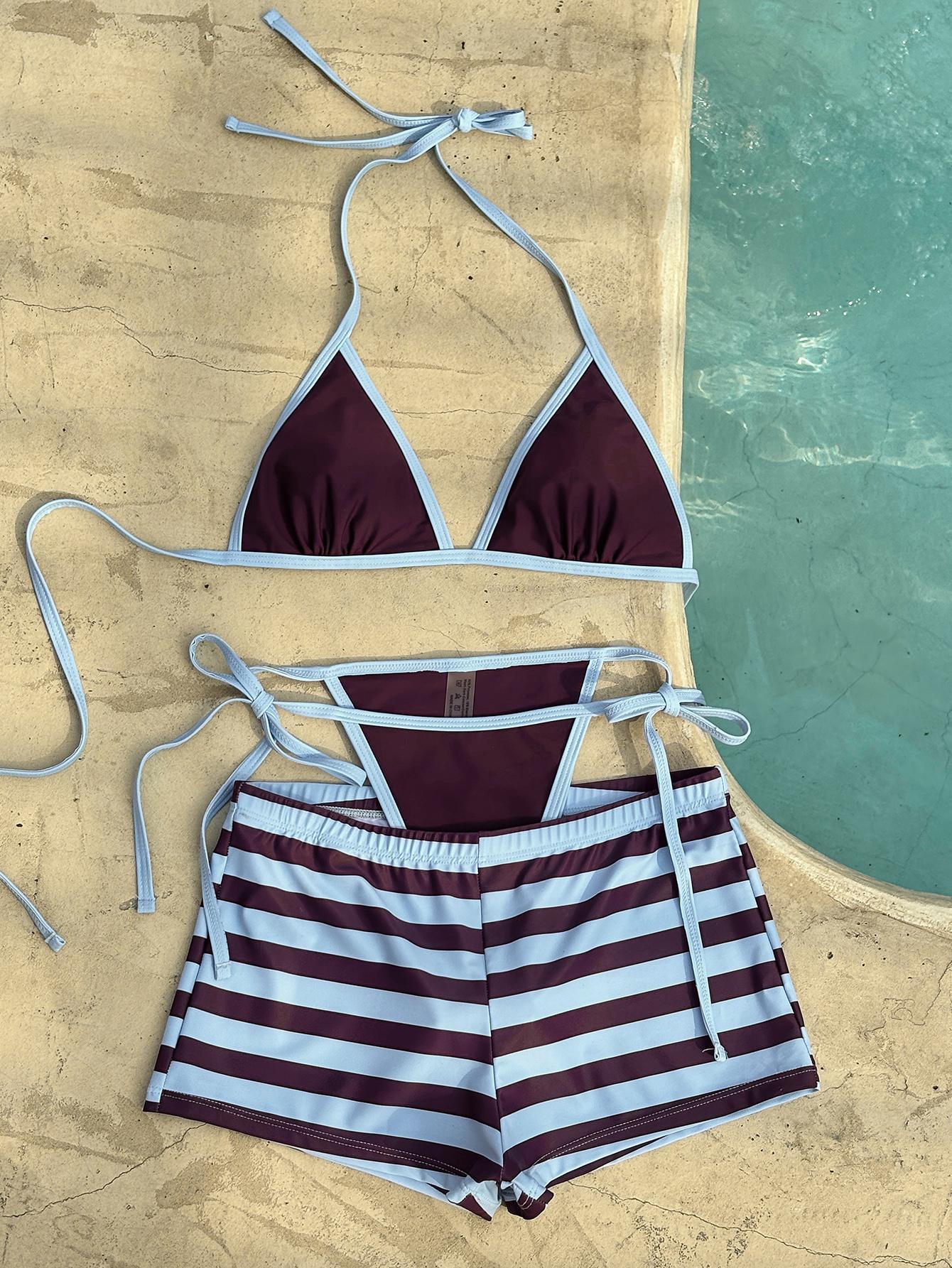 Blue & Brown Striped 3-Piece Bikini Set with Swim Shorts, Women's Retro Color Block Swimsuit for Beach & Pool