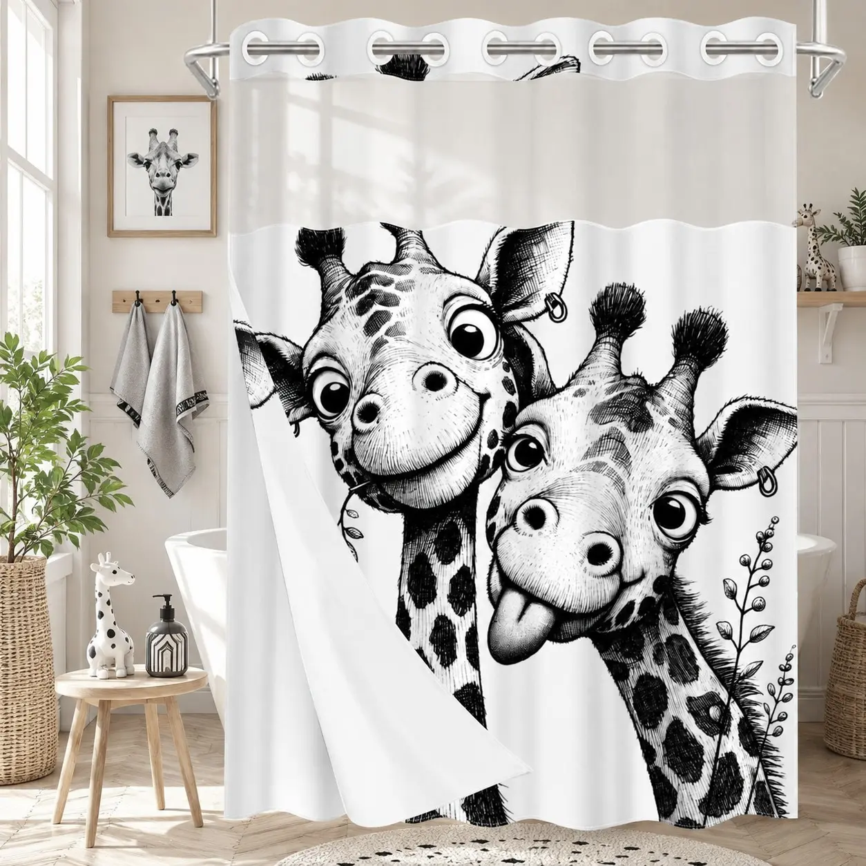 1PC 2D Flat Funny Black & White Giraffe Duo Sketch Pattern Double-Layer Woven Shower Curtain, No Hooks, Transparent Top Window, Removable Snap-On Liner, Playful Safari Animal Bathroom Art Decor, Bathroom & Holiday Decoration