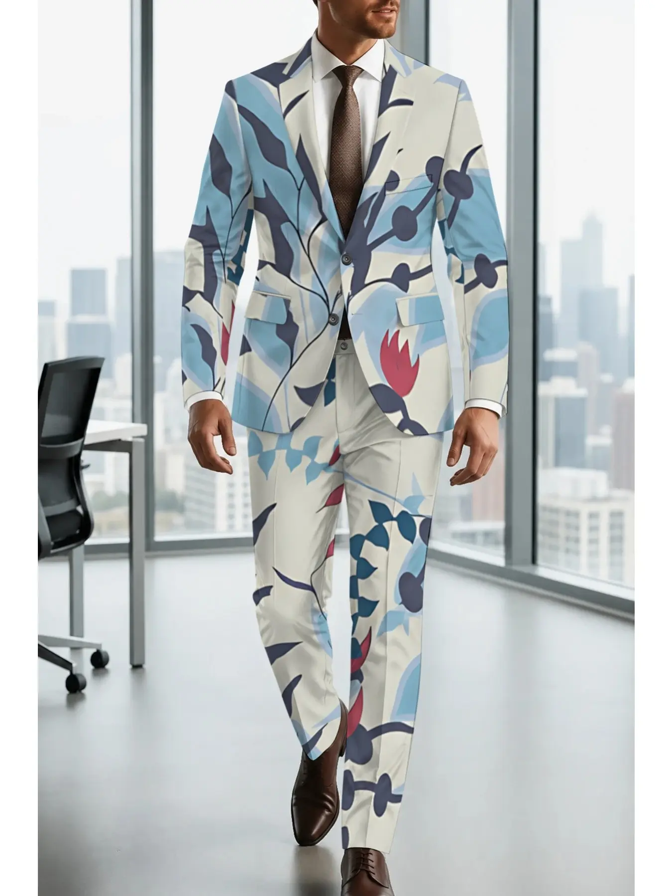 Artistic Floral Leaf Print Men's Blazer Set, Natural Plant Pattern Design, Slim-Fit Long Sleeve Blazer and Pants, Casual Fall & Winter
