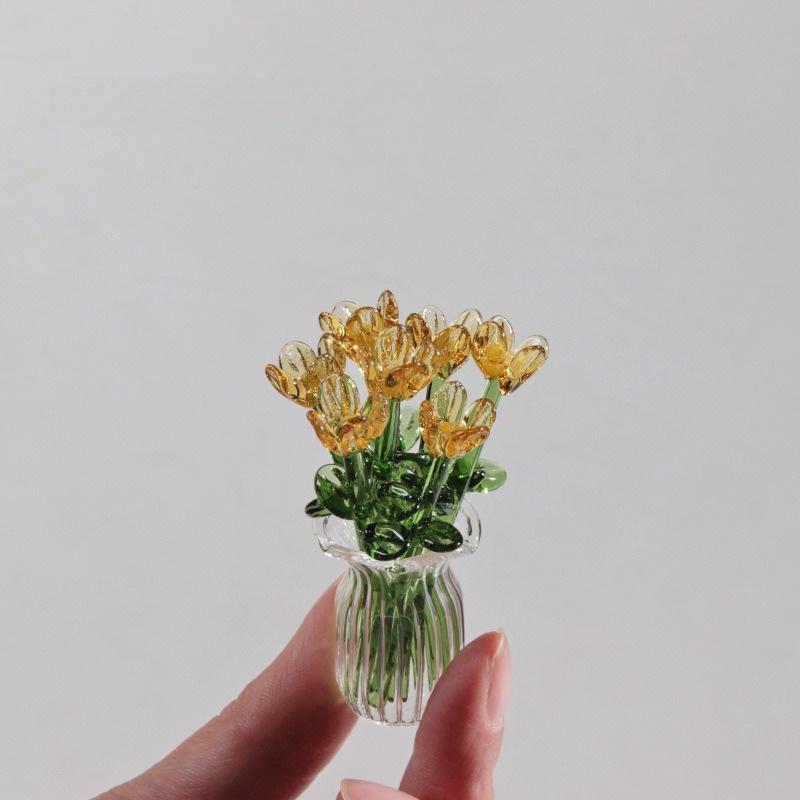 1 set (7 flowers+1 vase) glass simulation flower decoration ornaments, handcrafted mini glass flowers, DIY flower arrangement bouquets, faux flowers, Artificial mixed flower, Decorative Flowers Bouquet, suitable for gifting, event decorations