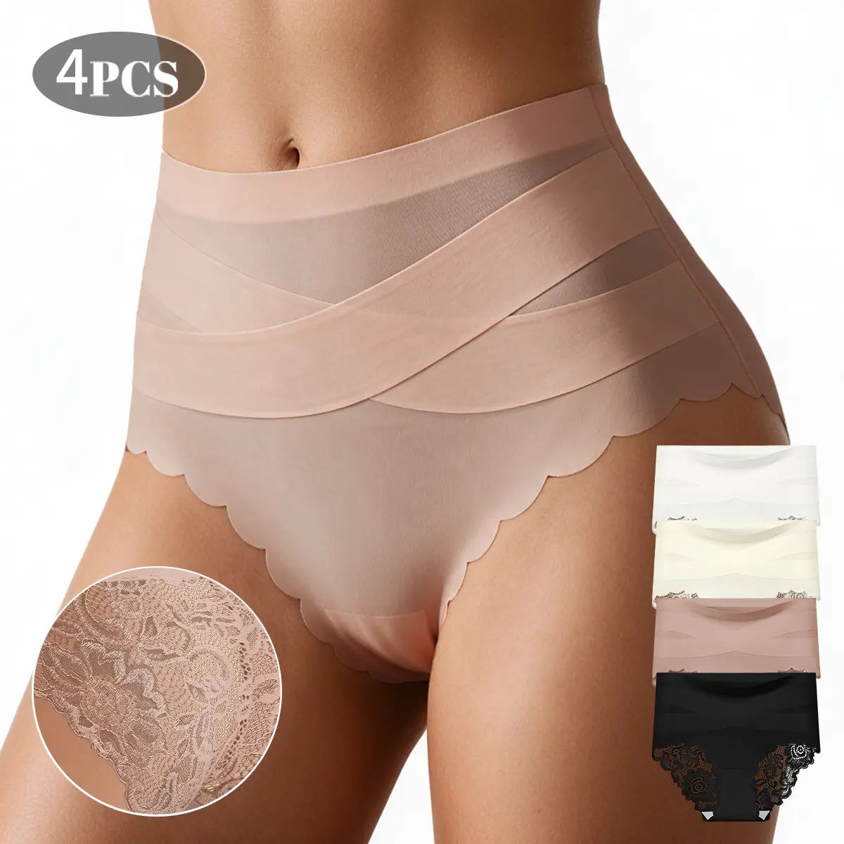 QUASTI 4PCS High-Waisted Cross Over Waistband Lace Panties,  Seamless Full Coverage Stretch Silky Smooth Skin-Friendly Lightweigh Underwear with Scalloped Edges, Soft Comfortable Everyday Ladies Tummy Control Shaping Briefs, for Casual Basic Fit, S-XXL