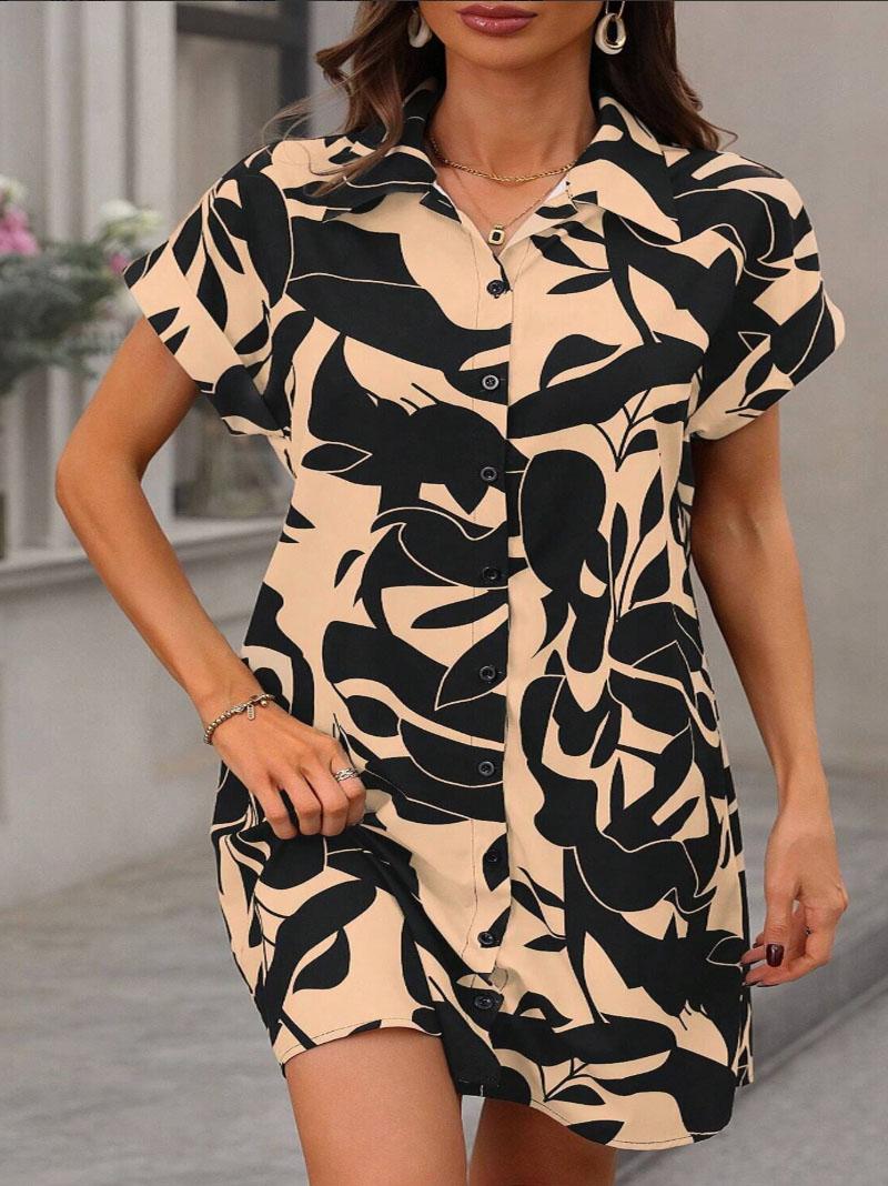 Plus Size Lapel Short Sleeve Shirt Dress, Botanical Print, Loose Curvy Friendly Mini Dress