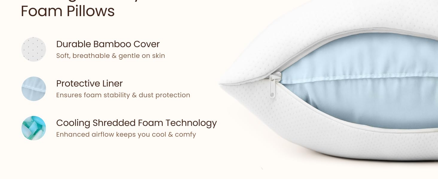 Memory Foam Pillows Queen Size Set of 2 - Cooling Bed Pillows for Sleeping - Back, Stomach, Side Sleeper Firm, Comfy Cool Shredded - 2 Pack, Rayon Derived from Bamboo