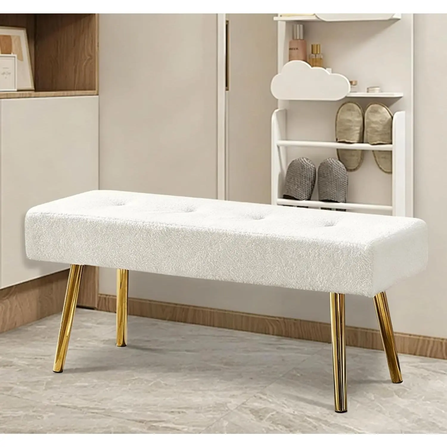 Entryway Bench, 40'' Upholstered Bedroom Benches, End of Bed Bench with Metal Legs, for Decorative, Living Room, Dining Room, White Bench, Teddy Velvet