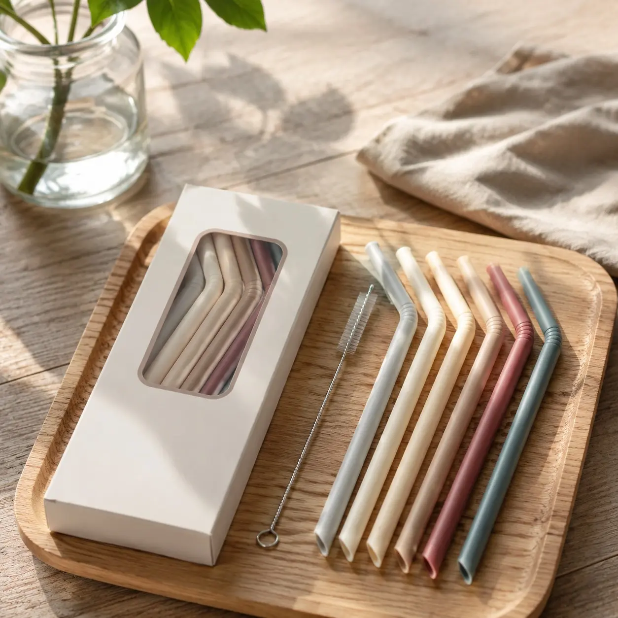 Reusable Silicone Straws - Bendy Drinking Straw with Cleaning Brush - Collapsible and Bendable Travel Straw for Kids - Dishwasher Safe, Food-Safe - Set of 6 (Oak Multi)