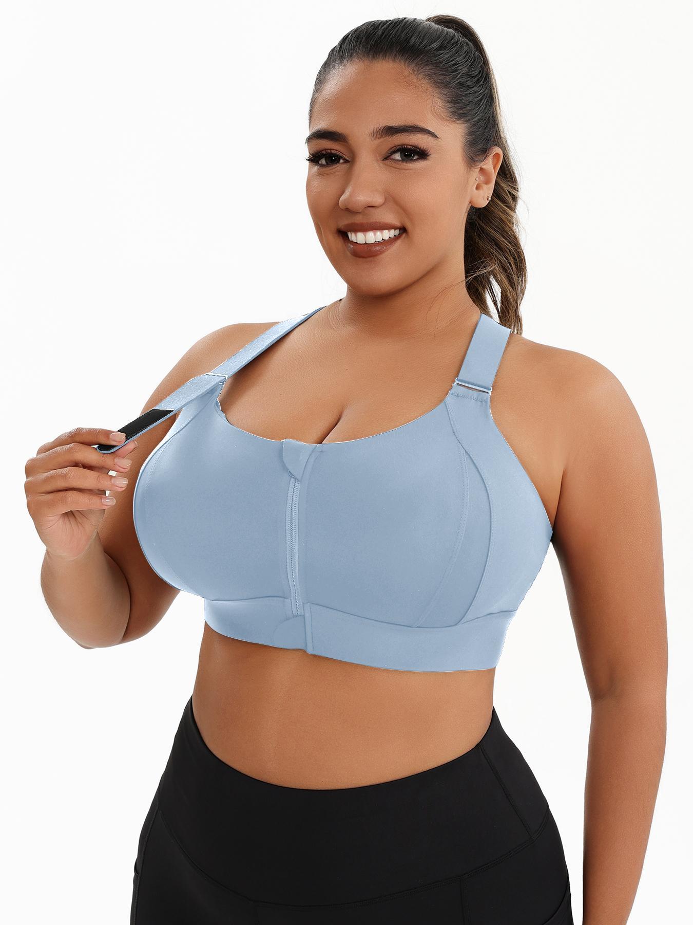 【Plus Size】 Criss Cross Zipper Front Wireless Sports Bra, Solid Adjustable Strap High Stretch Yoga Bra, Women's Sport Clothing for Indoor Outdoor Wear
