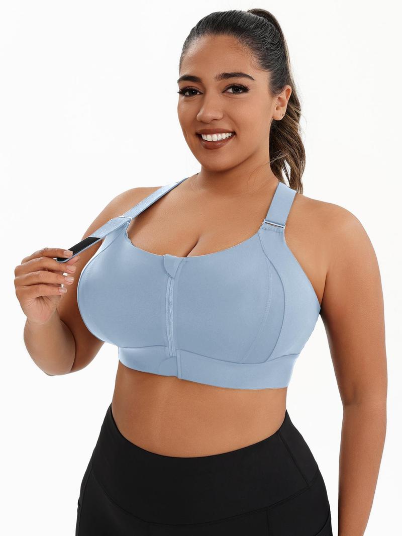 【Plus Size】 Criss Cross Zipper Front Wireless Sports Bra, Solid Adjustable Strap High Stretch Yoga Bra, Women's Sport Clothing for Indoor Outdoor Wear
