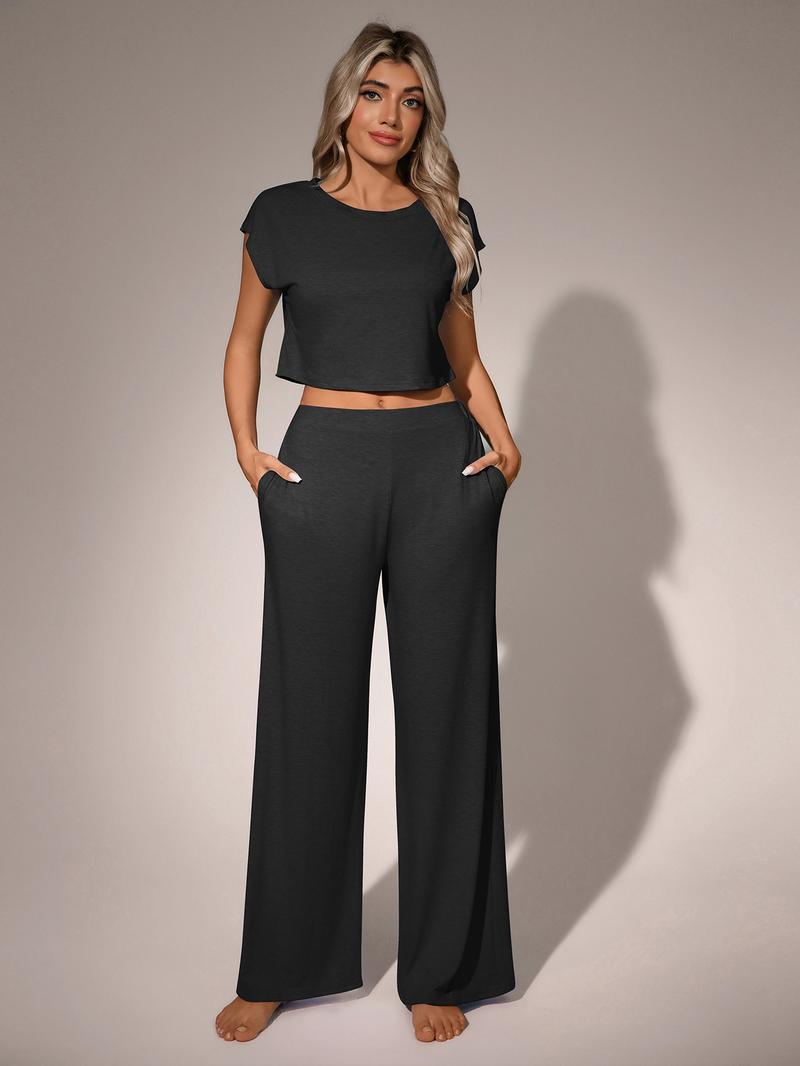 Women's Casual Elegant Solid-Color Suit Set, Short Top & High-Waisted Pants with Pockets, Comfortable Sporty Two-Piece