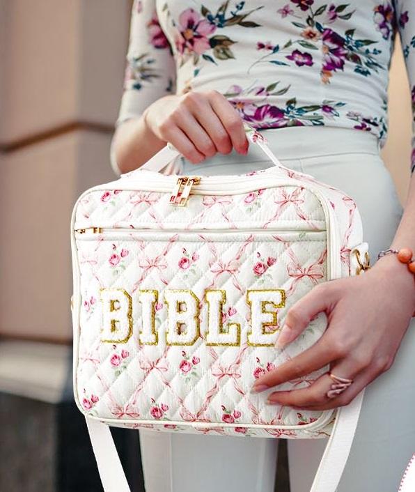 Valentine's Day Gift Bible Bag for Women Quilted Bible Cover Case with Aesthetic Annotation Supplies 12x9x2.5In Large Capacity Bible Chenille Letter Bible Case with Bow Love Patterns and Shoulder Strap for Christian Women Girls, Bible journaling Kit
