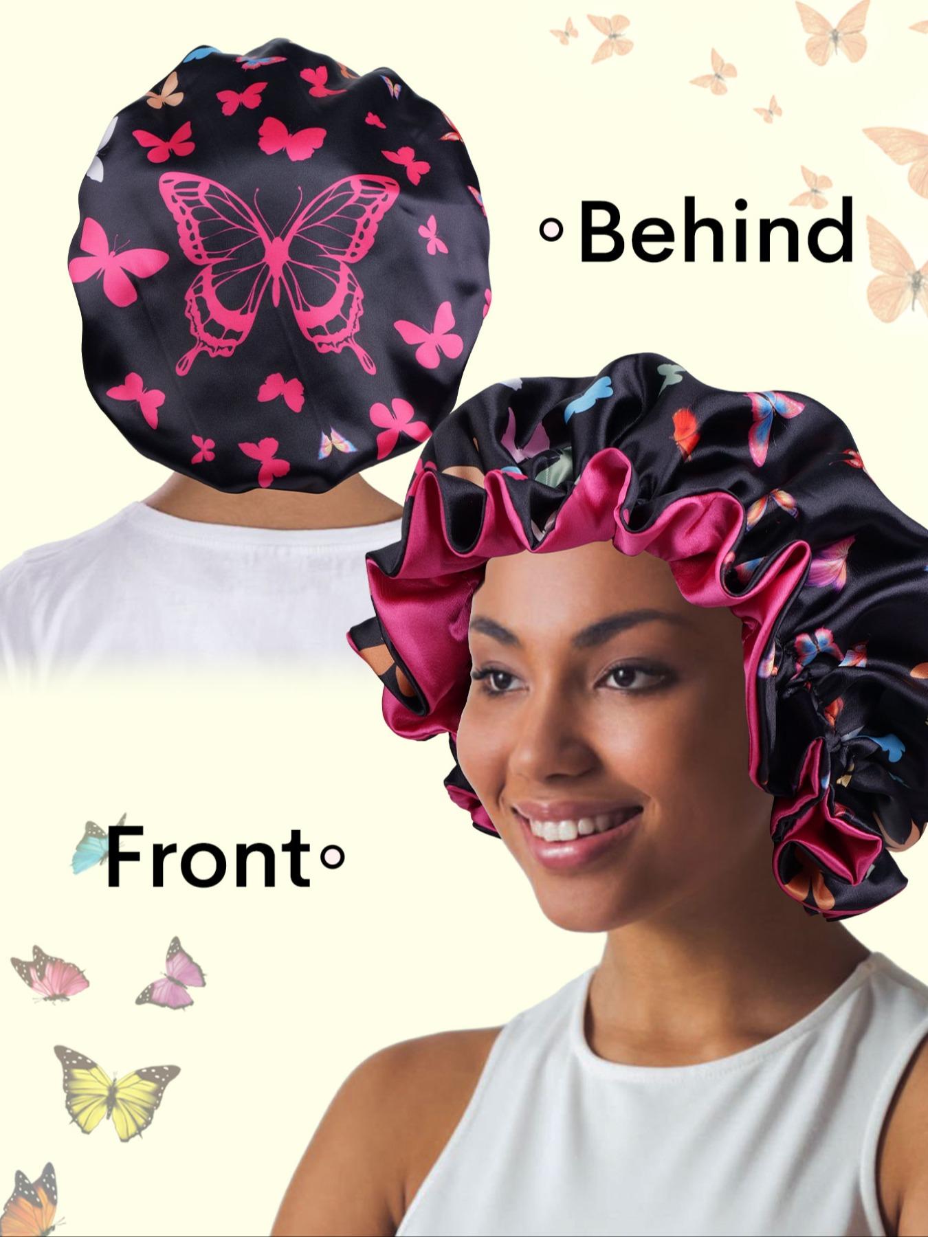 Soft Butterfly Print Sleep Cap for Unisex, Elegant Fashionable Sleep Hat, Beauty Makeup, Adjustable Wide Brim Bath Cap