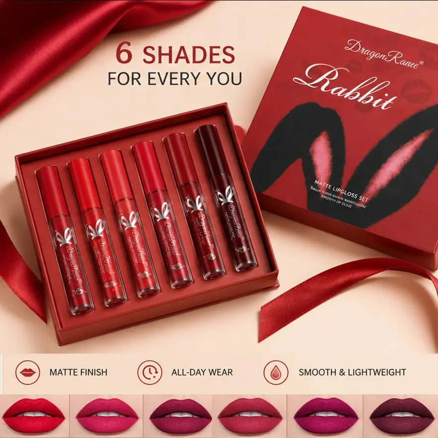 6Pcs Lip Gloss Gift Set, Rabbit Design Matte Liquid Lip Tint, Long Lasting Non Transfer Lip Stain, Waterproof Lip Makeup Gift Box for Women