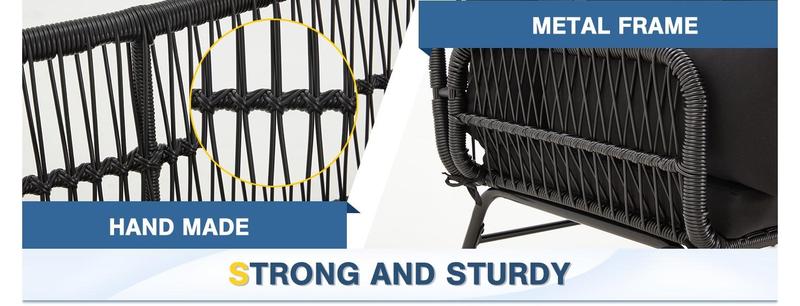 Patio Conversation Bistro Set, Outdoor All-Weather Wicker balcony Furniture with Tempered Glass Top Table Wide Ergonomic Armchairs, Seat Cushions for Porch, Backyard