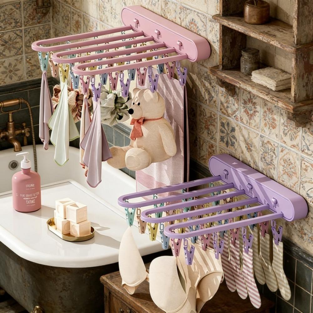 Folding Clothes Drying Rack - Wall-mounted Clothes Hanger with Clips, Space-saving Vertical Drying System, Suitable for Indoor / Balcony / Shower Room Use.