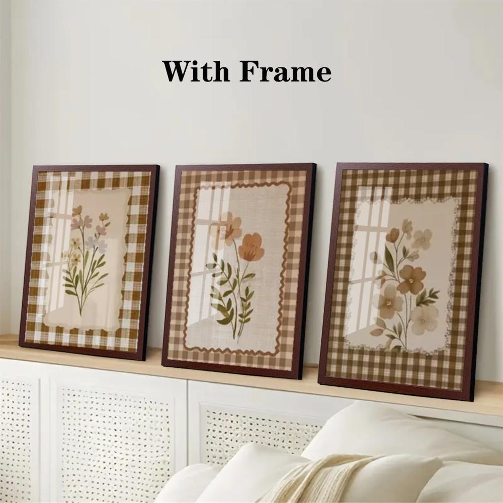 3 Pieces Optional Wooden Frame Nostalgic Wall Poster Classic Rustic Wildflower Art Print Brown Plaid Floral Canvas Painting Art Bedroom Hallway Decor Corridor Entryway Wall Embellishment Physical Photo Frame Adaptable Poster
