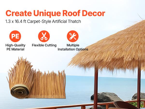 VEVOR Artificial Thatch Grass Roof, 1.3x 16.4 ft Mexican Style Tiki Bar Hut Skirt Thatch Roofing Roll, Waterproof Fire-Resistant, Palapa Duck Blind Grass for Patio Pool Beach Hawaiian Party Dcor