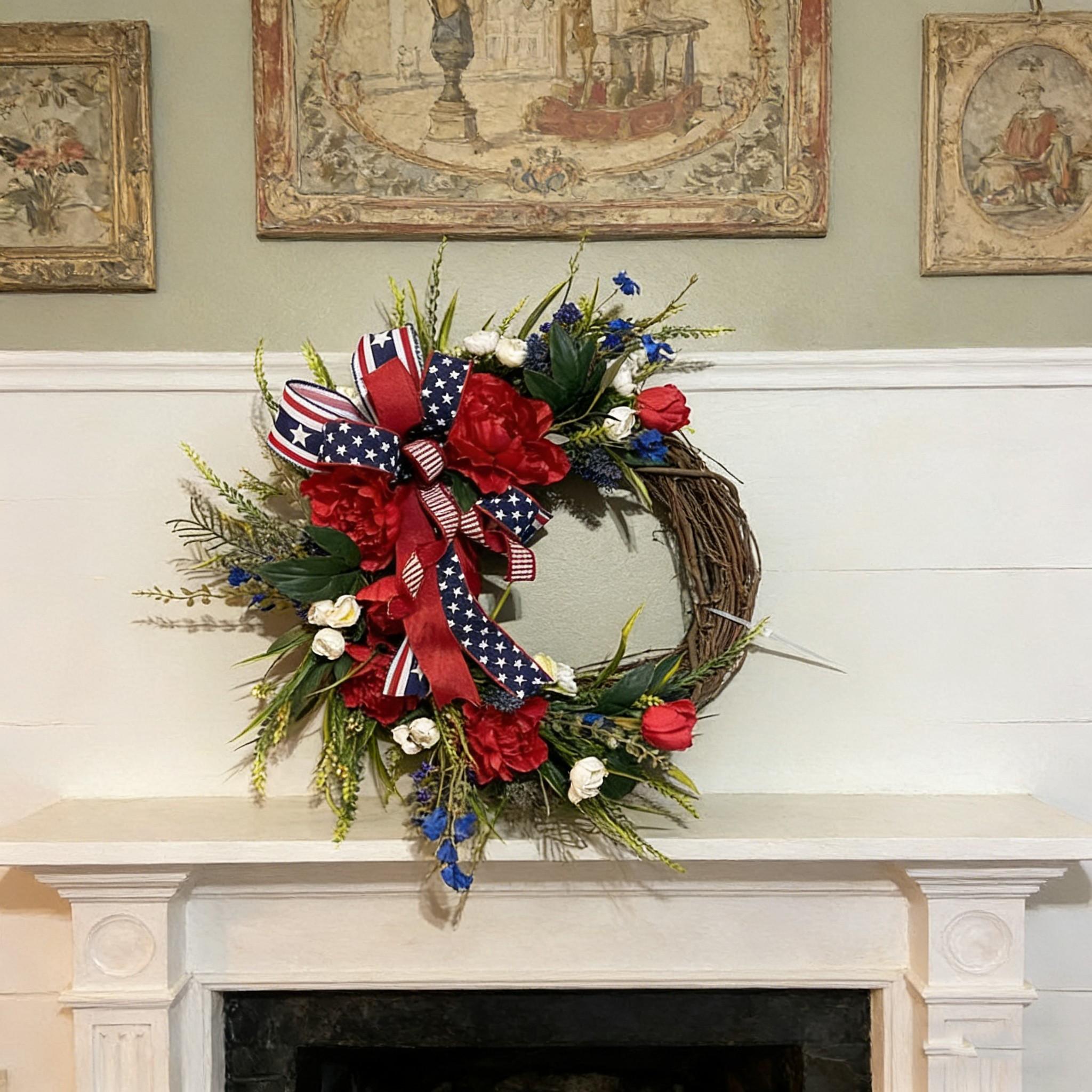 Patriotic July 4th Wreath, Peony and Mixed Flowers with Patriotic Bow, Independence Day Farmhouse Porch Decor, Artificial Floral Arrangement