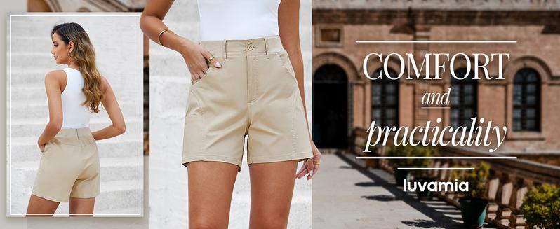 luvamia Shorts for Women Trendy Casual Summer High Waisted Chino Shorts Ribbed Elastic Waist Comfy Shorts with Pockets Womenswear Bottom Fitted Minimalist jorts jean shorts