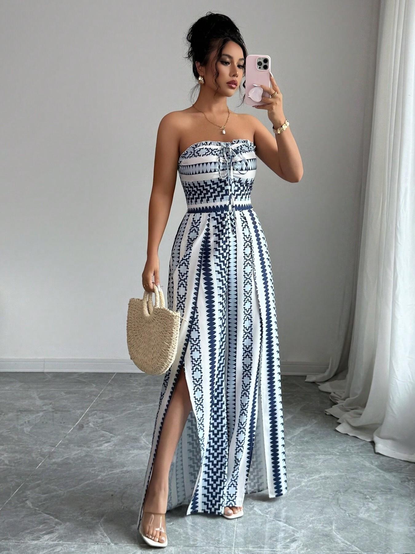 Breathable Geometric Print Jumpsuit, Halter Neck Sleeveless, High Elastic Back Design, Wide Leg Side Slit Pants, Beach Vacation Commute Date