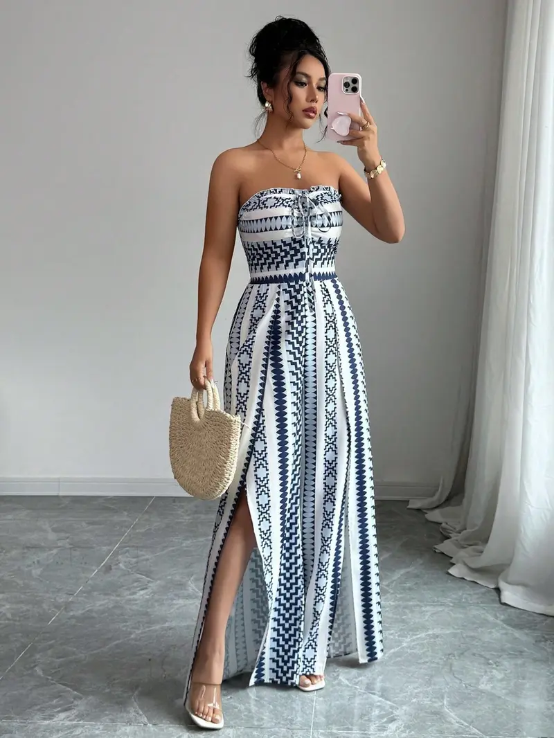 Breathable Flowy Wide Leg Geometric Printed Jumpsuit, Sleeveless Boho Style, Fit, High Waist, Leaf Print, Split Thigh Slit, Perfect for Beach, Work, Date Night