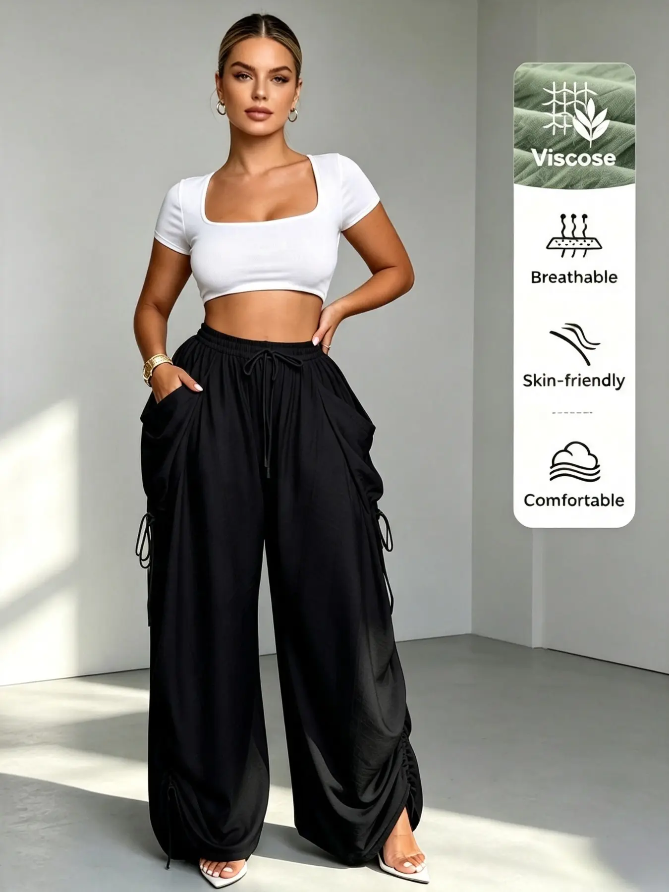 High-Waisted Drawstring Linen Wide-Leg Pants for Women, Boho Style, Loose-Fit, All Seasons, Comfortable Casual Wear, Multiple Colors Available