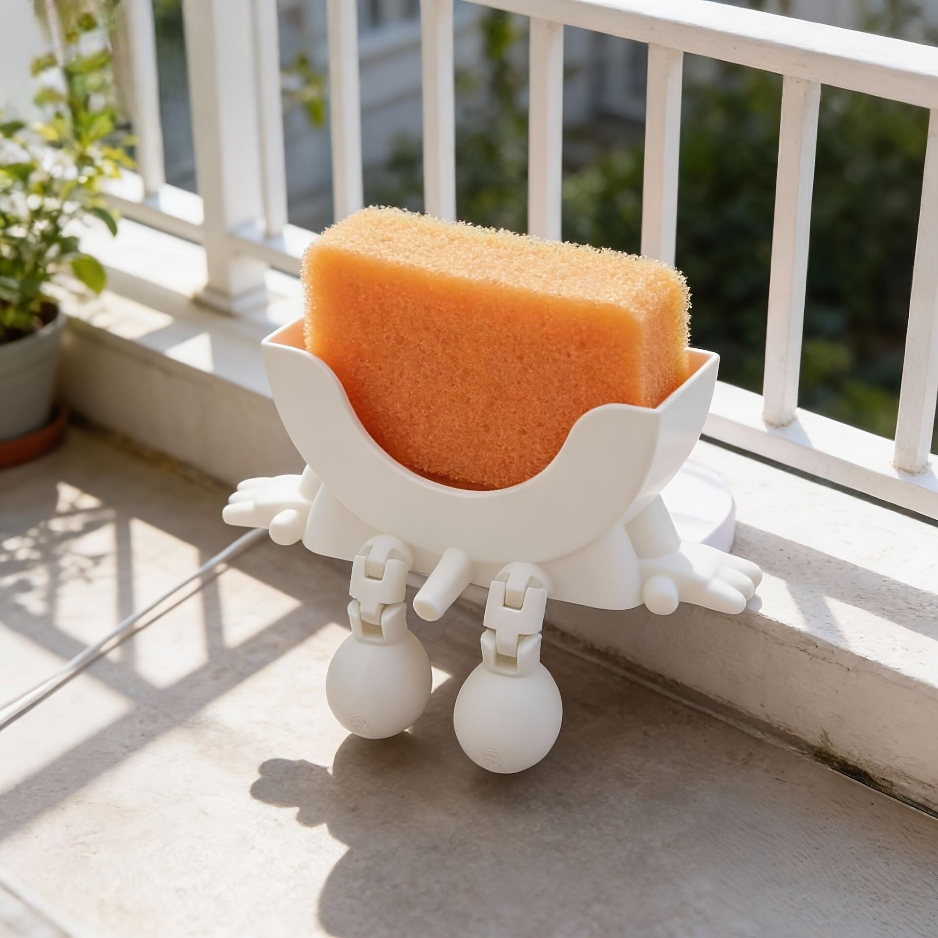 Smiley Dish Sponge Holder, Hinge Joint Adjustable Kitchen Sink Bathroom Sponge Rack, Drainage Slot Countertop Storage Box